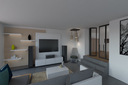 Un am&eacute;nagement de living avec coin lecture pour un projet situ&eacute; dans le Brabant Wallon